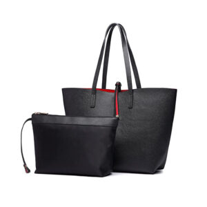 Black Red Reversible Leather Large Tote Bag