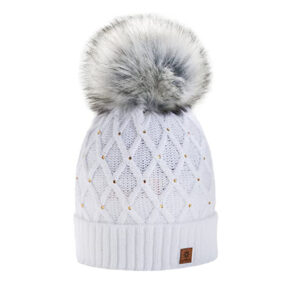 White Grey Knit Pompom Beanie Hat