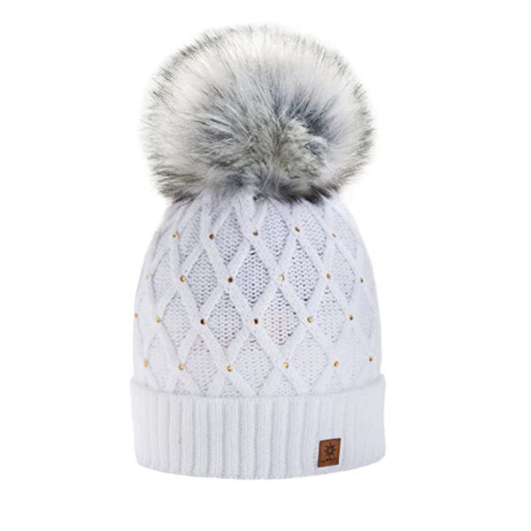 White Grey Knit Pompom Beanie Hat